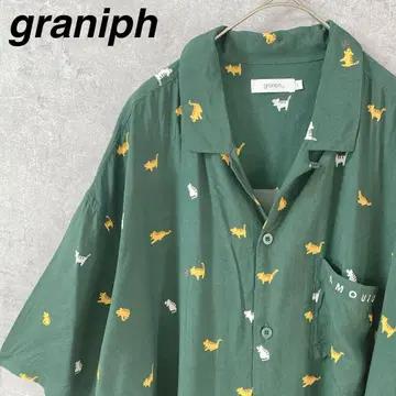 graniph 고양이 자수 반팔 셔츠 그린 남성용 L 사이즈 오픈 카라