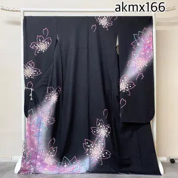 akmx166 순수 실크 후리소데 블랙 펄 톤 가공 7호 꽃무늬