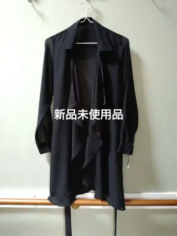 블랙 쉬폰 롱 코트 허리 리본 포함