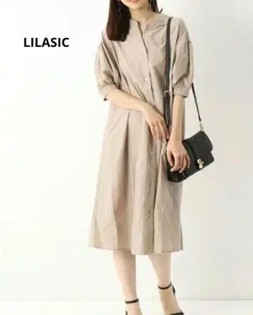 LILASIC 원피스 스트라이프 자수 볼륨 소매 플레어
