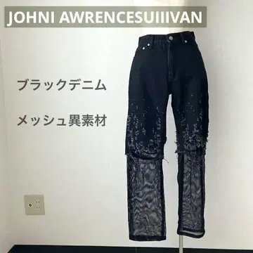 존 로렌스 설리반 데미지 가공 블랙 데님 팬츠 메쉬 이종 소재