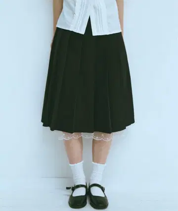 fekete 스커트 레이스 미디 플리츠 스커트 블랙