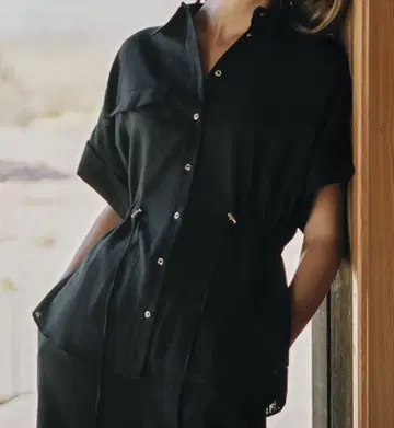 ZARA 다크 그레이 반팔 셔츠 M 린넨 사파리 셔츠