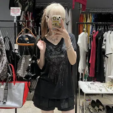 할리 데이비슨 라메 반짝이 V 넥 티셔츠 y2k 그런지