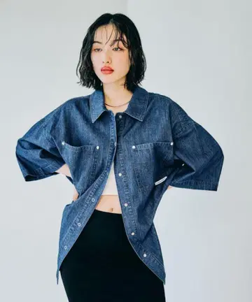 LEPSIM BIG 데님 5부 소매 셔츠 튜닉