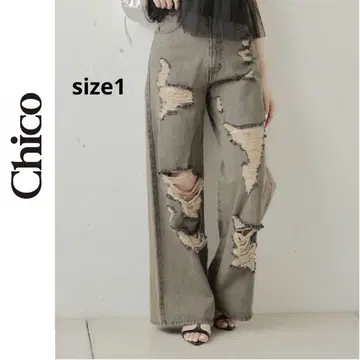 새상품 Chico 데미지 와이드 데님 팬츠 Chico 그레이