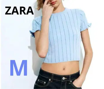 ZARA 라이트 블루 니트 리브 프릴 소매 탑 반팔 M 사이즈