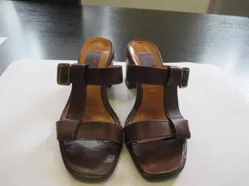 랄프 로렌 브라운 가죽 미들 힐 샌들 (7cm)
