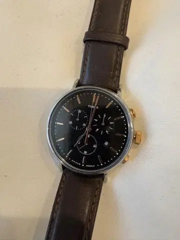 Timex 아날로그 손목시계 천연 가죽 크로노그래프 브라운 미사용품