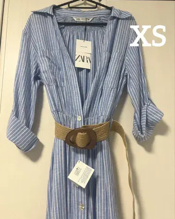 미사용 새상품 자라 파랑과 화이트 스트라이프 린넨 셔츠 원피스 XS