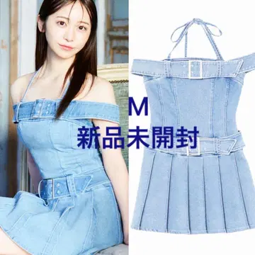 택 포함 새상품 더블 벨트 데님 원피스 이토미 M 블루