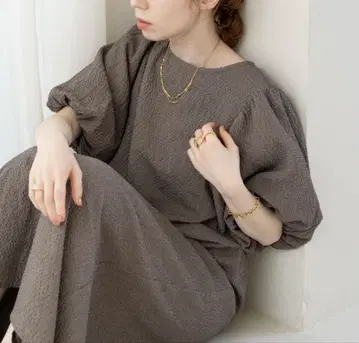 hinari 체크 무늬 퍼프 슬리브 원피스 브라운 S