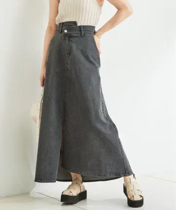 CHICO 아지메 프론트 데님 플레어 스커트