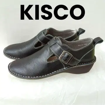 KISCO 크로스 스티치 벨트 신발 천연 가죽 웨지 24cm
