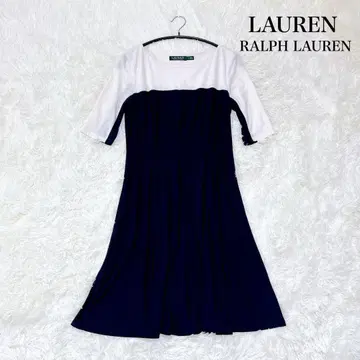 LAUREN 랄프 로렌 네이비 화이트 신축성 롱 원피스