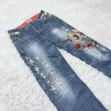 카라쿠리타마시 일본풍 패턴 청바지 자수 데님 팬츠 사이즈 32 벚꽃