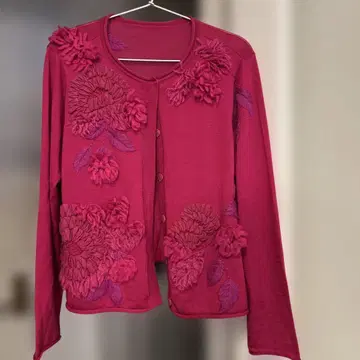 꽃 자수 와인 레드 긴팔 가디건