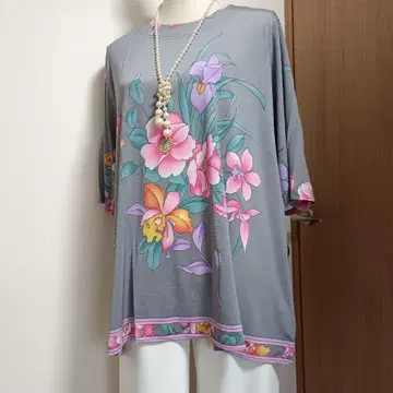 미사용 새상품 레오나르풍 튜닉 컬러 그레이 꽃무늬 프린트
