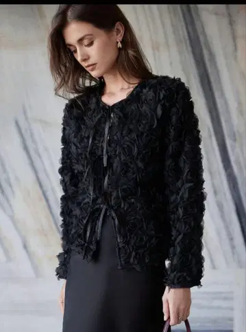 새상품 노카라 자켓 (L) 입체 플라워 검은 장미 블랙 패션