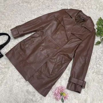 새상품급 DKNY 램 가죽 코트 브라운 더블 버튼 천연 가죽 4 [XL]