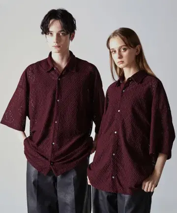 CLEL ShortSleeves Lace Shirt 와인 레드 S 사이즈