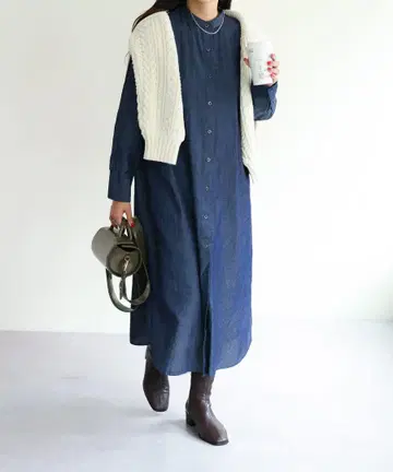 디스코트 데님 밴드 카라 롱 원피스 네이비 무지 긴팔 면
