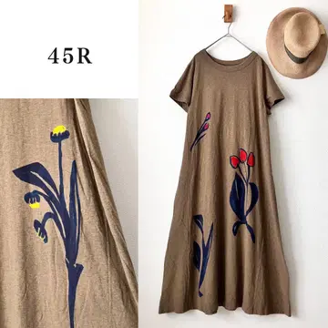 45R 인디고 염색 아트 꽃 롱 맥시 길이 원피스 코튼 네이비 나염