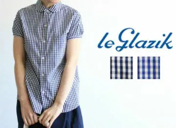 Le Glazik 블라우스 체크 둥근 카라 코튼 블루 계열