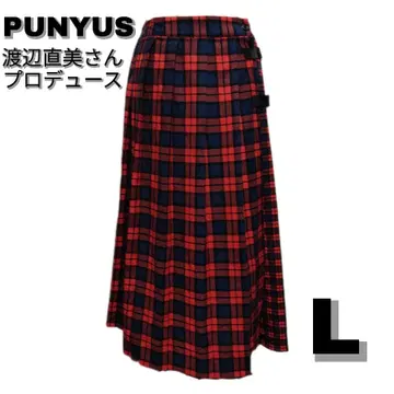 PUNYUS 체크 무늬 랩 스커트 롱 랩스커트 빨간색
