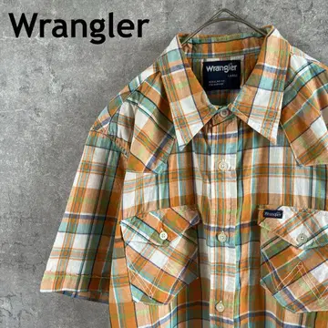 Wrangler 웨스턴 체크 무늬 반팔 셔츠 버튼 다운 L 남성용 오렌지