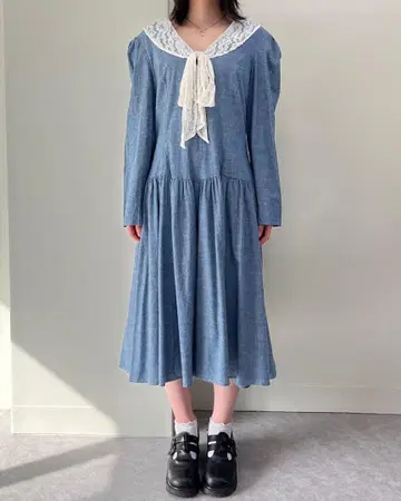 90년대 USA제 레이스 샴브레이 긴팔 원피스 구제 의류 레트로