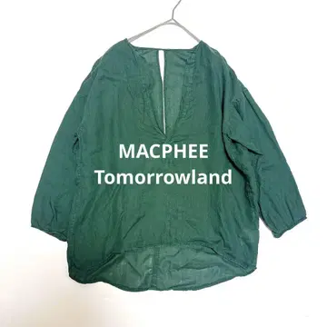 MACPHEE 린넨 100% 셔츠 블라우스 그린 린넨 V넥