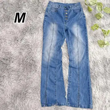 버튼 플라이 플레어 레그 청바지 [M] 데님 슬릿 블루