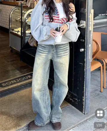 빈티지 수염 워싱 스트레이트 데님 팬츠