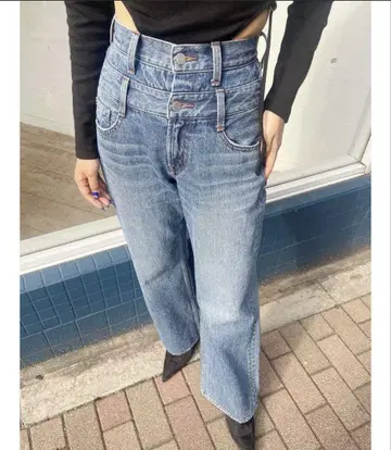 더블 허리 와이드 데님 팬츠