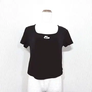 GRL 반팔 스퀘어 넥 티셔츠 숏 기장 원 포인트 블랙