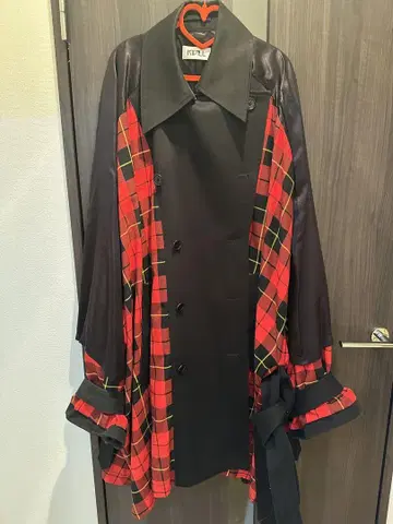 KIDILL 18AW 오버 사이즈 체크 절개 트렌치코트 레드