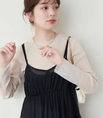 natural couture 소매 시어 리브 니트 베이지 긴팔