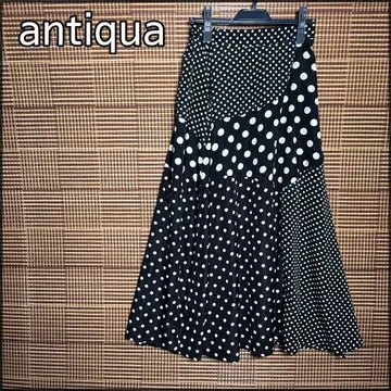 안티카/antiqua 도트 무늬 절개 롱 플레어 스커트