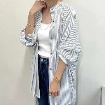 SHENERY 시너리 스트라이프 셔츠 오버 돌먼 밴드 카라