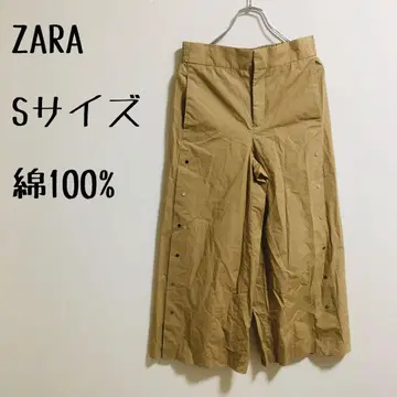 캐주얼 팬츠 ZARA 카키 찡 장식 와이드 면100% S 사이즈