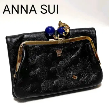 ANNA SUI 접이식 지갑 플레이잉 캣 블랙 가죽 가마구치 금장 장식