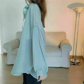 여성용 시어 셔츠 시스루 그린 더스티 컬러 긴팔