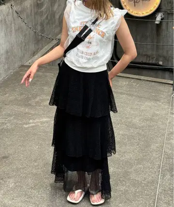 메쉬 티어드 롱 스커트