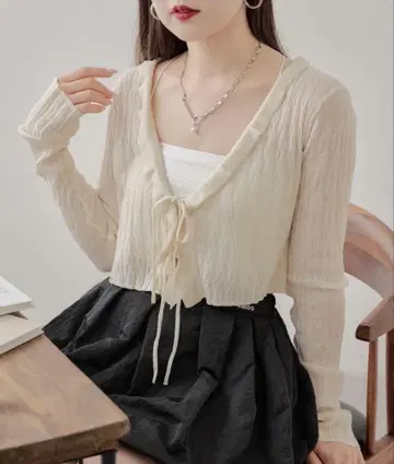 Chico 시어 프릴 치비 리본 가디건 아이보리