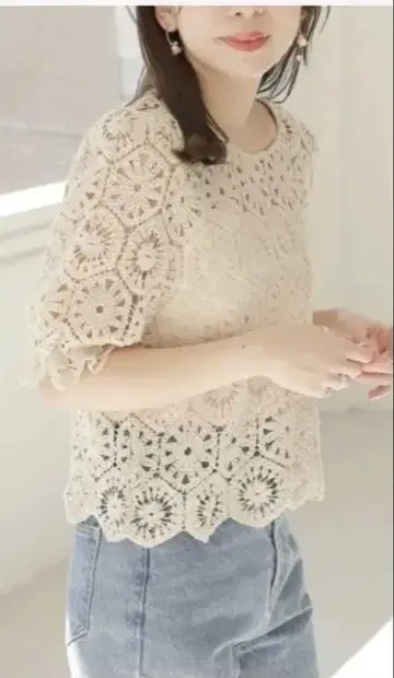 미개봉 새상품 Heather 크로셰 니트 반팔 베이지