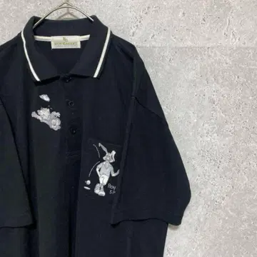 90S Roygallet 캐릭터 자수 피케 셔츠 구제 의류 반팔 남성용