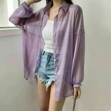 여성용 시어 셔츠 시스루 퍼플 더스티 컬러 긴팔