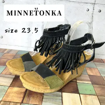 MINNETONKA 프린지 샌들 23.5 통굽 웨지솔 천연 가죽