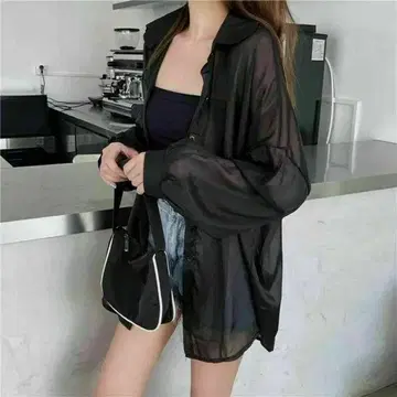 여성용 시어 셔츠 시스루 블랙 검정 긴팔